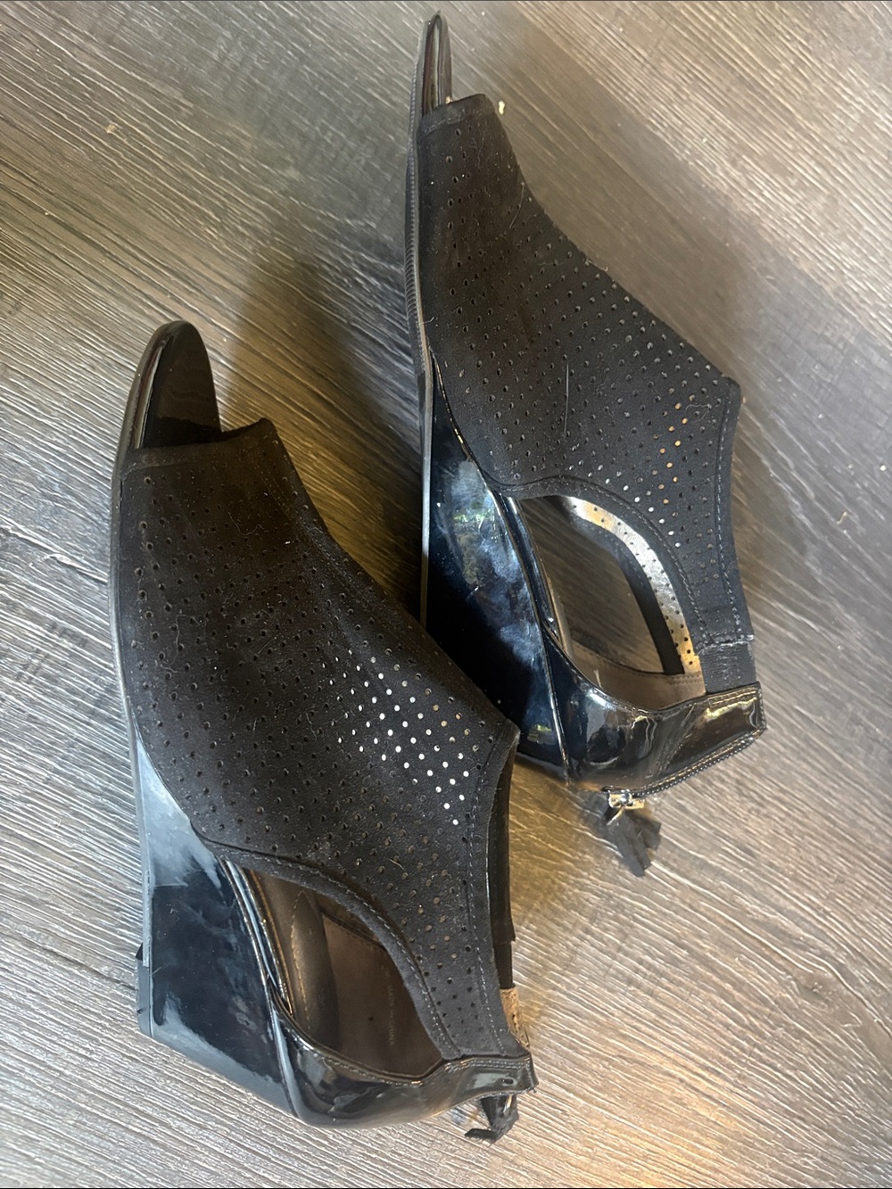 Bandolino Black Perforated Peep-Toe Suede Heel Booties